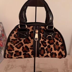Badgley Mischka Leopard Print Mini Bowling Bag with Black Leather Accents